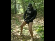 jerking off outdoors in beavertail wetsuit top, latex gloves and gasmask