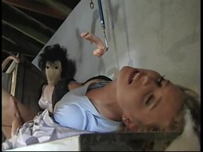 Two guys watch a slutty blond get fucked in her pussy by a machine