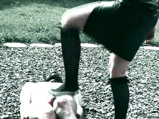 I allow him to jerk off whilst I VOID URINE on his JOCK - Throne-room bondage Castle Outdoor