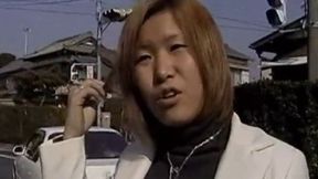 Brunette gives a busty outdoor blowjob during an interview