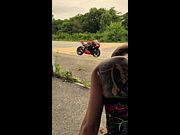 Risky Public Motorcycle Ride Ends with Sloppy Blowjob at Empty Bus Stop. Teaser
