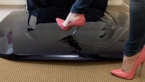 Stiletto Jane wearing Metal heel Stilettos trample a Ford Mustang hood and crush it under her heels