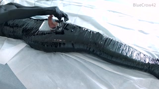 femboy in catsuit and thigh boots self mummified and CBT balls torture e-stimluation and cum