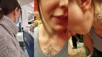 Hot tattoo girl sucks him off in the mall fitting room where the security guard can hear