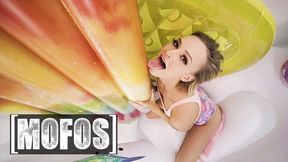 Thin Blonde Babe Emma Hix Gets Filled With Brad's Big Cock In Her Inflatable Room