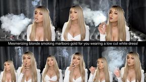 Mesmerizing blonde smoking marlboro gold for you wearing a low cut white dress!