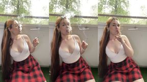 Smoking in a low cut top and a miniskirt. Slow exhales in natural light -Smokingrapunzel - Smoking girl - cleavage