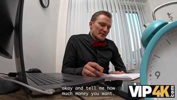 VIP4K. Sexy 18-year-Old Brunette gets fucked Hard in the Office to secure a Loan