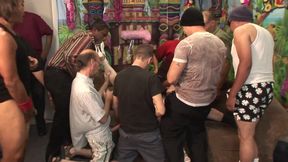 Massive gangbang action on brunette chick