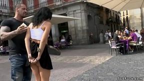Spanish slut Pamela Sanchez is bound and d  down the Madrid streets then in crowded bar throat and pussy rough banged for crowd