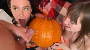 Hot bisexual wife Kate Quinn & Mary Frost in FFM Halloween fuck