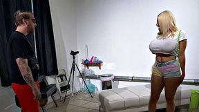 Gagging slut with huge tits facialized after throat fucking