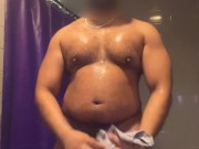 Chunky muscle gainer gym slut cumming in locker room showers, gooning and pumping nipples