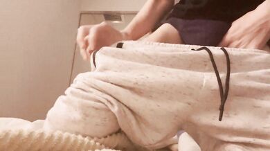 Twink gags on his own load while Aussie femdom furry jerks him off
