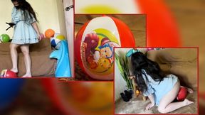 Mistress Mersiiik, wearing a dress, bounces her butt on an inflatable red beach ball, sits on it, crushes it, and crushes it with her bare feet. Sometimes she lifts her dress to show her butt. A very beautiful