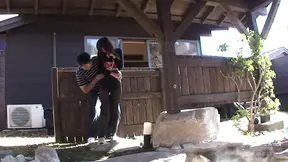 Gorgeous Asian babe in lingerie gets her throat fucked in a wooden cabin