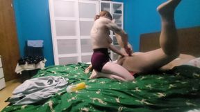 Horny mistress fucks her man with a strapon, quickly lets him cum, then cums with the help of a magic wand