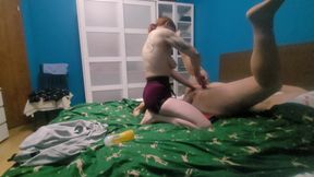 Horny mistress fucks her man with a strapon, quickly lets him cum, then cums with the help of a magic wand
