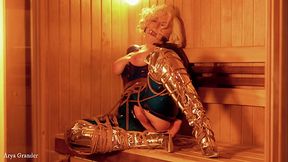 Sultry blonde MILF in latex bondage