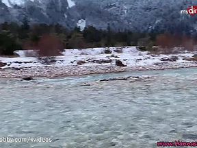 Busty teen gets a huge cumshot while fucking in the snow