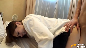 Japanese teen squirts and gets her hairy pussy drilled on the bed