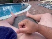 Public pool side Stroke fat cock orgasm