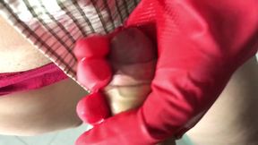 Helping Hand with Red Rubber Gloves. POV