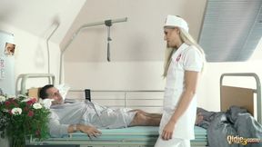 Teen Nurse gives a sloppy blowjob to old Grandpa in a fake Hospital bed
