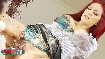 Two busty babes in food porn lesbian scene