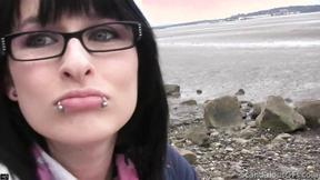 ”Nerd Brunette Blowjob & cumming beside beach”