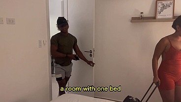 Step Mom And Step Son Share a Bed In A Hotel Room. English subtitles