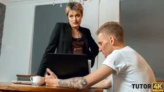 Lucky stud fucks a mature tutor in sexy stockings and gets a sensual blowjob