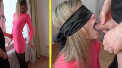 Blonde girl in black pantyhose is blindfolded and asked to give a blowjob