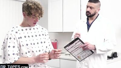 Curly-haired twink is butt-fucked by a kinky gay doctor