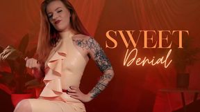 Sweet Denial: Redhead Domina dressed in a pink latex dress teaches slave how to deny himself to prove he is worthy