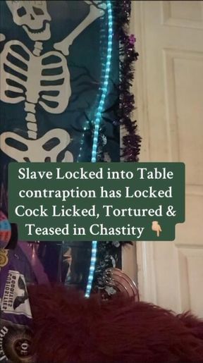 Slave trapped in table contraption, Locked in Chastity, has his Caged Cock: teased, kicked, dry-humped, licked, pinched, sat on & more! ( c ~ b ~ t )