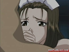 All tied up hentai nurse with a muzzle gets fingered pussy