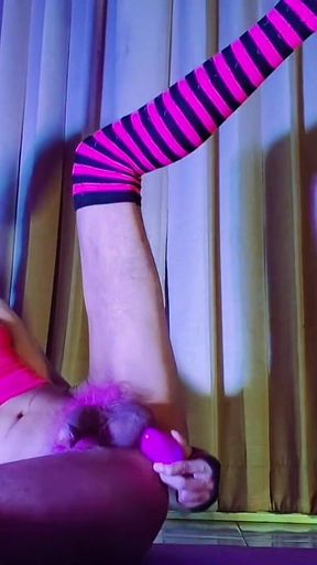 Pink Balaclava Mask Sissy Dyed Pubic Hair Play with a Vibrator