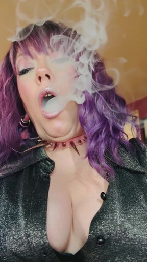 Purple Haired Smoking Goth Tina Snua Smokes Close Up - Coughing Smoke Drifts OMI OME Snap Inhales