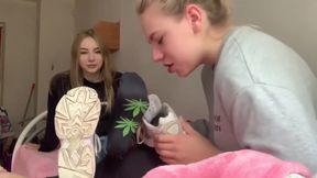 Sniffs Her Sexy Russian Girlfriends Nasty Socks And Licks With Tall Blonde