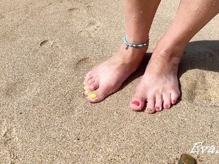 My feet and masturbation with climax and moist twat close up on the beach