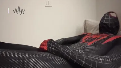 Pretty Spiderman Asian Twink Jerking-off and Cumming toward a Wireless Butthole Plug