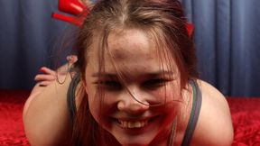 Isabella: girl in top and short shorts and red high heels, hogtied with rope with her feet crossed, wiggles on the bed (HD MP4)