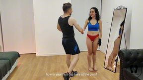 nerdy teen first boxing training day jumping jacks tits out