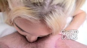 This super petite blonde 18 yr old gives a rimjob and sucks cock