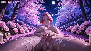 Pink-haired babe bounces tits in cherry blossom silk