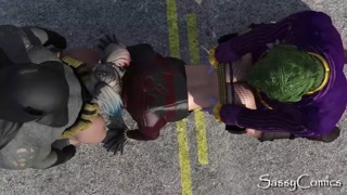 Harley Quinn, Joker, Batman Public Threesome on highway road in Texas.