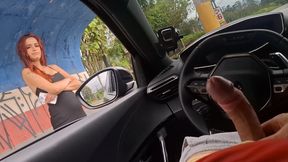 Risky handjob in the car for hottie at the bus stop in public!