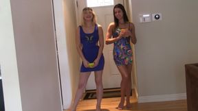 Two lesbo lovers slurp each other's clammy muffs post-strip-poker in the kitchen