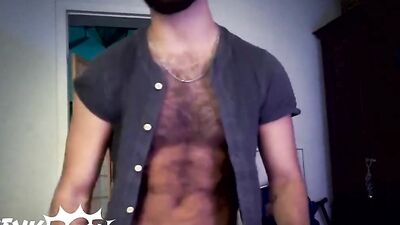 Split screen scene shows two guys jerking off on live webcam